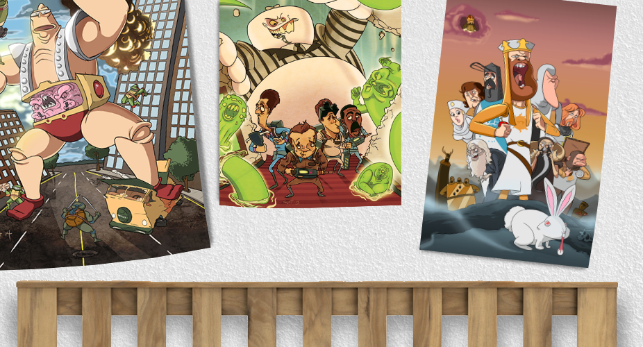 3 posters hanging above a bed's headboard